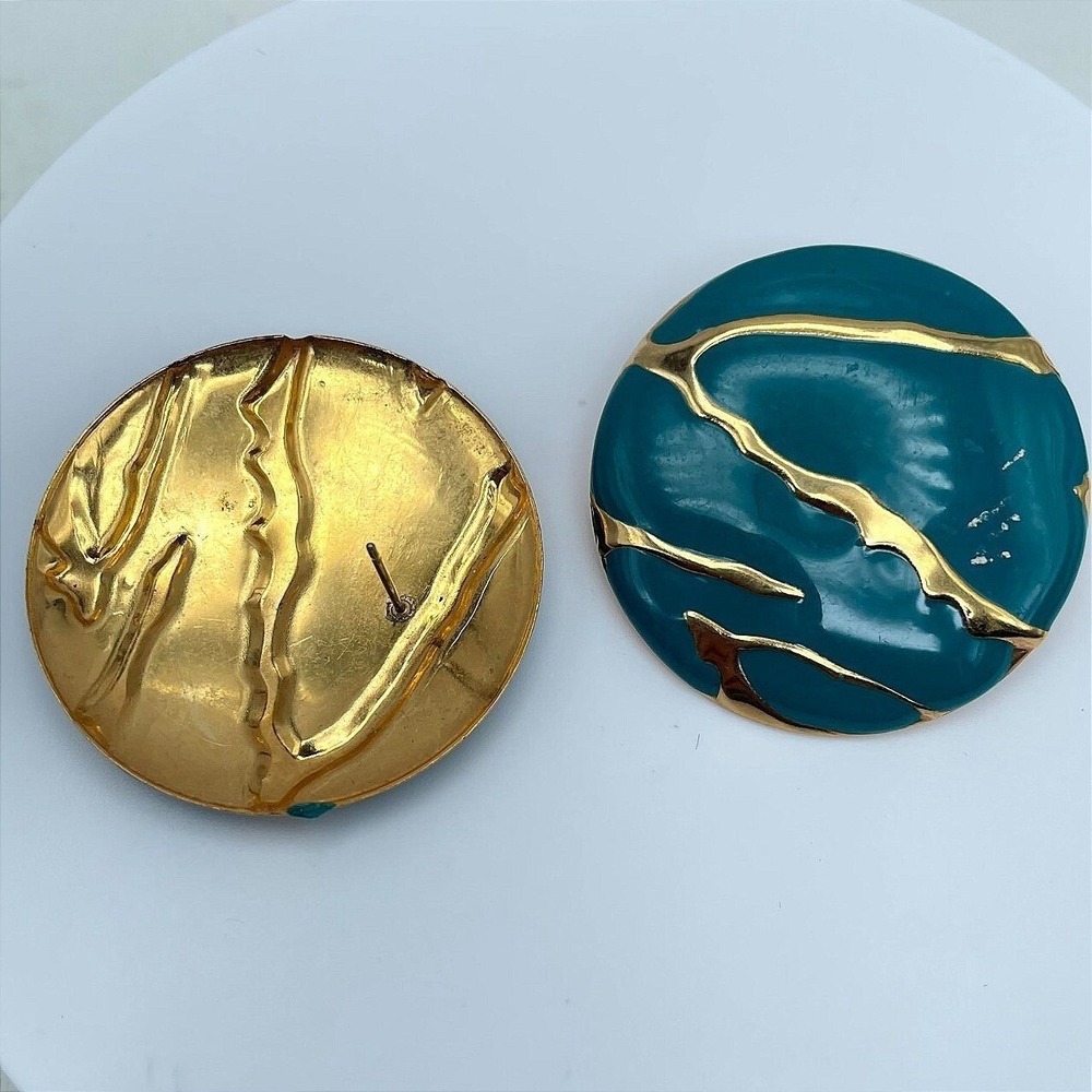 Pair of 2 Pierced Button Forest Teal Blue Enamel Gold Tone Stud Earrings
